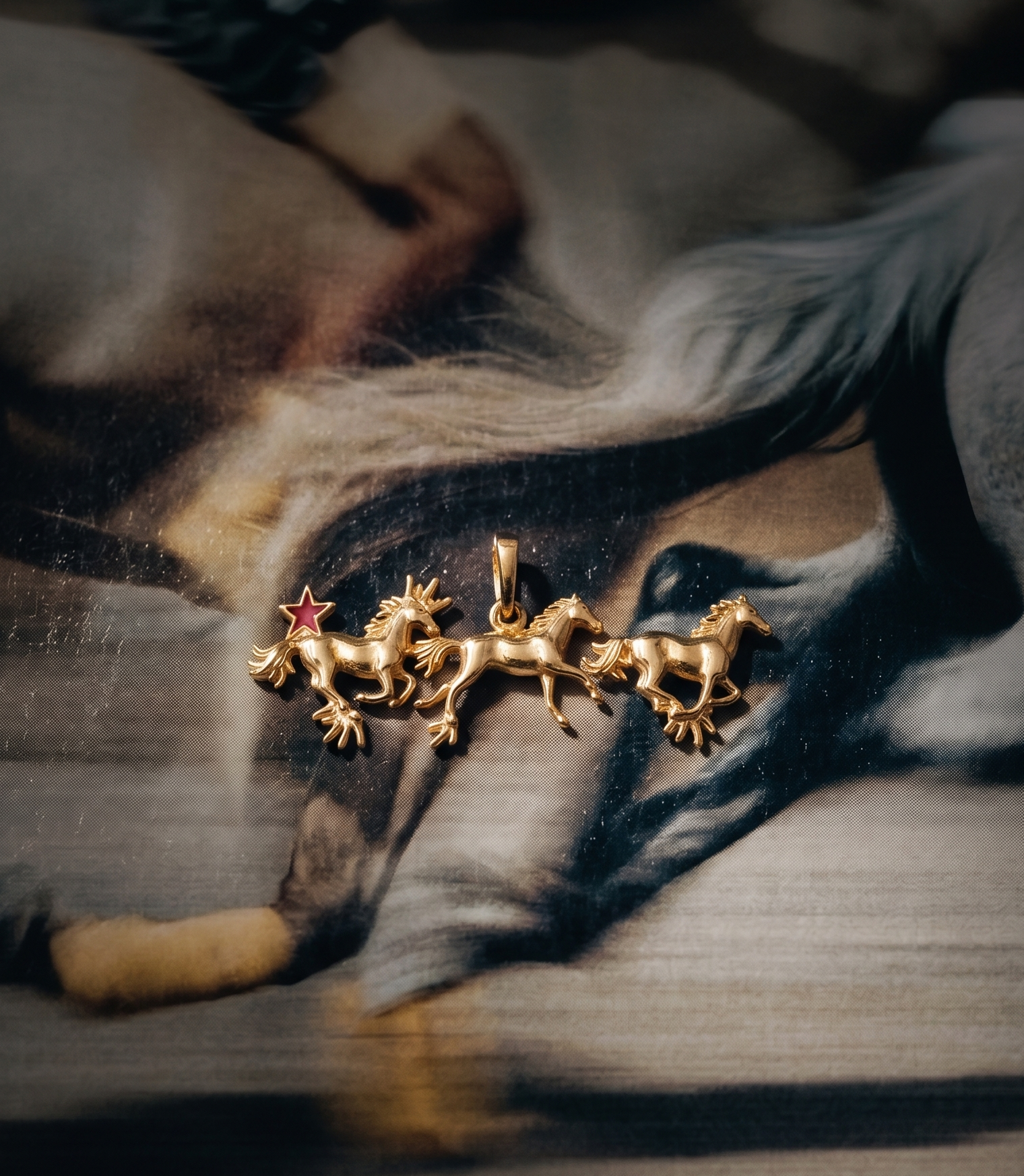The Stallion, running horses pendant in gold